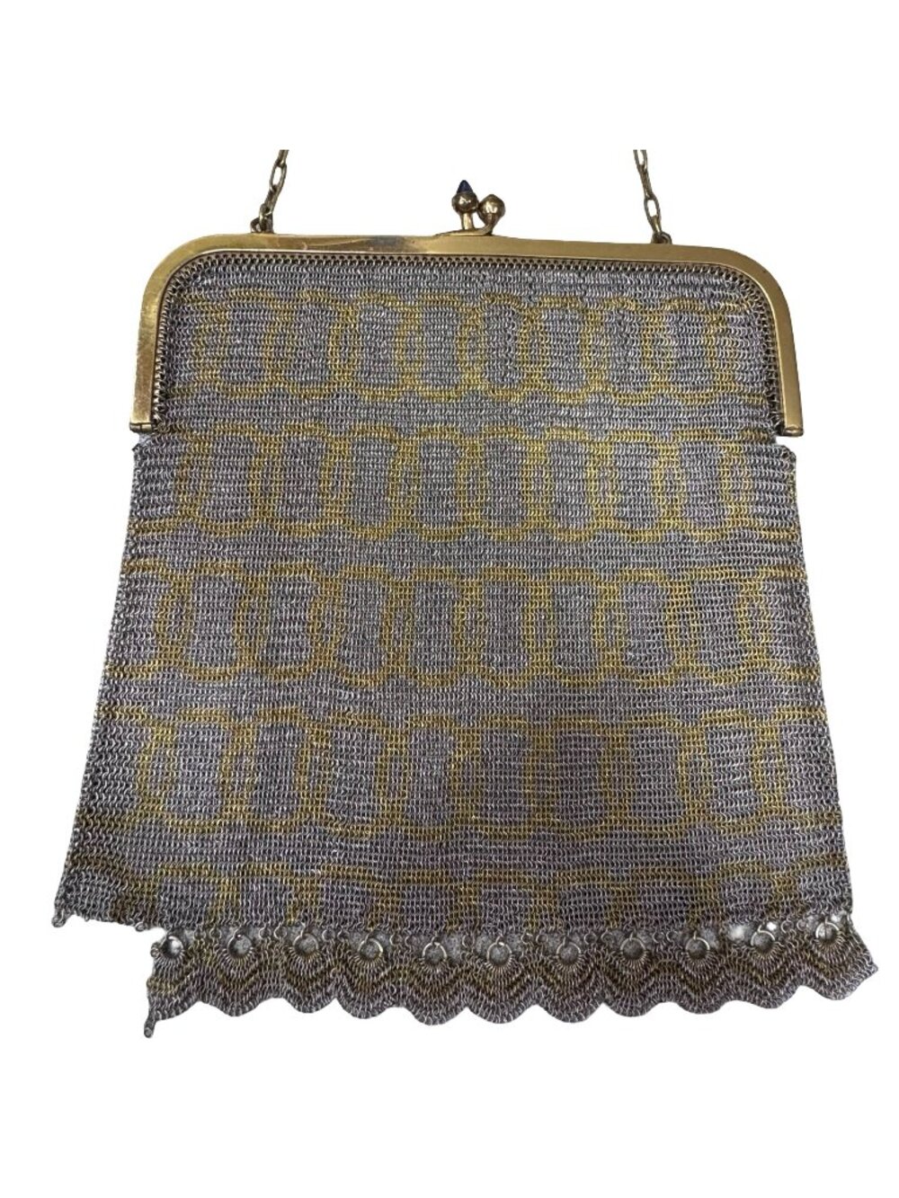 Antique Gold & Silver Mesh Evening Purse Ornate Frame Interlocking Rings  READ